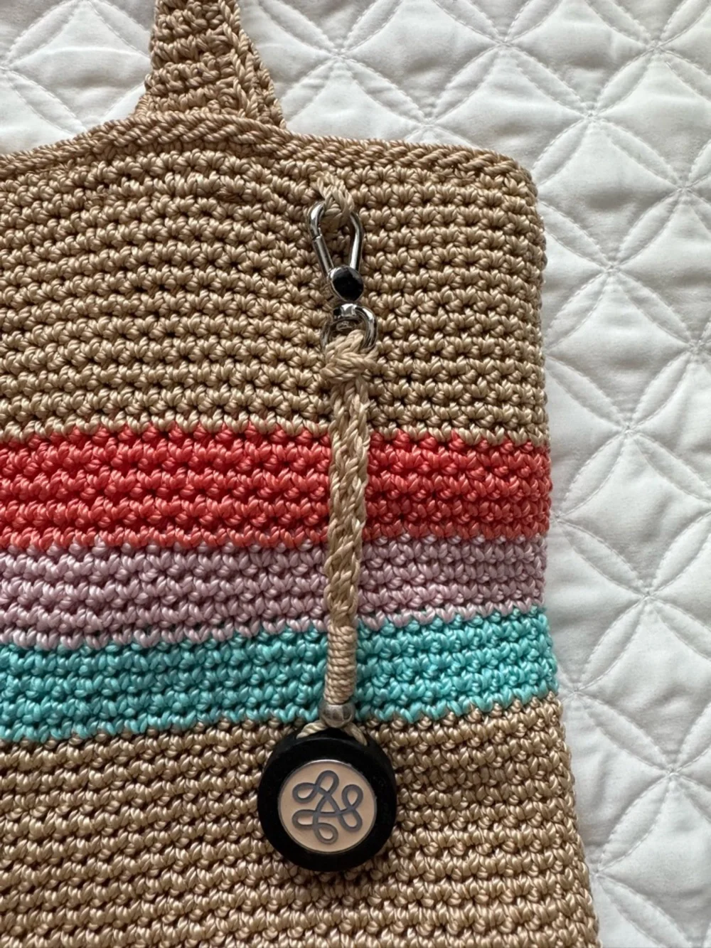 The Sak Crochet Shoulder Tote Bag Purse Zip Top Tan Coral Blue Pink Stripes
